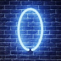 Poster - Glowing neon number 0 sign on brick wall