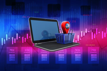 Fototapete - 3d rendering Red map pointer in basket on laptop
