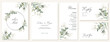 Set of rustic wedding invitations, rsvp and menu thank you cards with watercolor green leaves. Vector