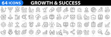 Growth & Success 64 Icon Set. Successful Business Development, Plan And Process Symbol. Goals And Target Related. Vector Illustration.