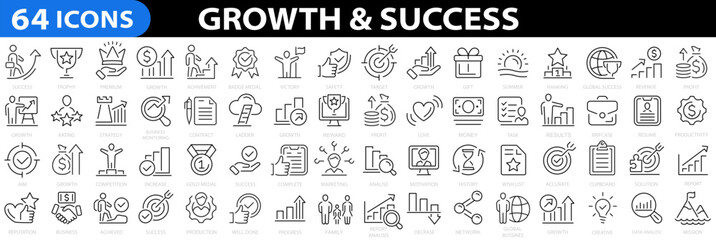 growth & success 64 icon set. successful business development, plan and process symbol. goals and ta