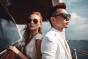 Beautiful young couple on a luxury yacht. Generative AI