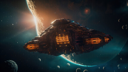Wall Mural - space shuttle on space nebula background. ai generate.