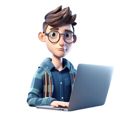 3D icon Young business man working with his laptop in the office or home, employee, freelancer programmer cartoon close up portrait on isolated on transparent png background. Generative ai