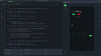 Poster - Dark Programming Interface for Mobile Applications UX, UI Development With Lines of Code Running. Coding Process Behind Investment Platform App Design. Template for Desktop Computer Displays, Laptops.
