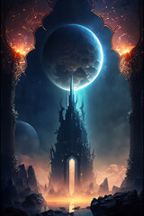 Wall Mural - Fantasy Castle with a Full Moon in the Background Generative AI