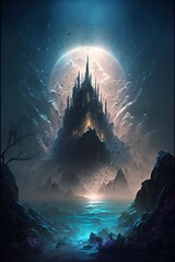 Wall Mural - Fantasy Castle with a Full Moon in the Background Generative AI