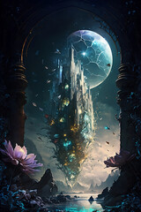 Wall Mural - Fantasy Castle with a Full Moon in the Background Generative AI