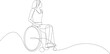 One line drawing of a disabled woman on a wheelchair. Continuous one line art. Hand drawn doodle. Vector illustration.
