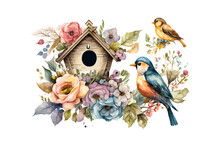 Bird House With Flowers And Birds
Watercolor. Vector Illustration Design.