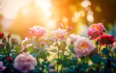 Beautiful and colorful dreamy rose garden with warm lighting. Generative AI.	