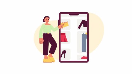 Fototapete - Choosing clothes online animation. Animated woman putting outfits together in app 2D cartoon flat character. Ecommerce 4K video concept footage on white with alpha channel transparency for web design