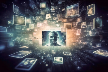 Wall Mural - uploading memories and dreams to computers is possible, background with photos uploading concept, generative ai