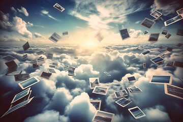 Wall Mural - uploading memories and dreams to computers is possible, background with clouds and photos uploading concept, generative ai