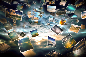 Wall Mural - uploading memories and dreams to computers is possible, background with photos uploading concept, generative ai