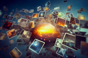 Wall Mural - uploading memories and dreams to computers is possible, background with photos uploading concept, generative ai