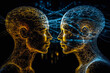 Hive mind and telepathy concept, two luminous humans illustration on dark background, generative ai