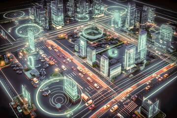 smart cities connect vehicles to buildings to persons, illustration, generative ai