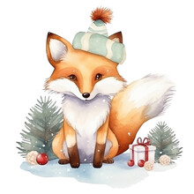 Watercolor Cute Fox In Hat Isolated On White. Christmas Card.
