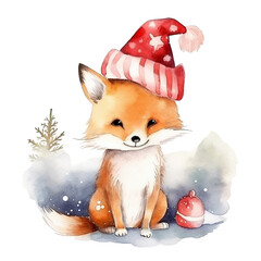 Wall Mural - Watercolor cute fox in santa hat isolated on white. Christmas card. 