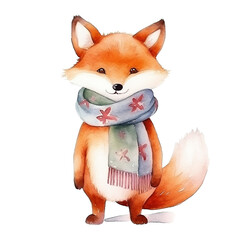 Wall Mural - Watercolor cute fox in hat isolated on white. Christmas card. 