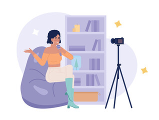 Poster - personal video podcast 2d vector isolated spot illustration. female live streamer talking about fash