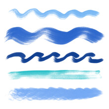 Vector Set Of Abstract Strokes Of Sea Waves, Hand Drawn With A Brush In Blue Colors