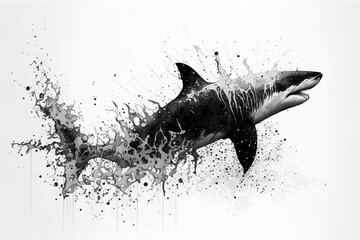 Wall Mural - Image of a shark drawing using a brush and black ink on white background. Sea animals. Illustration, generative AI.