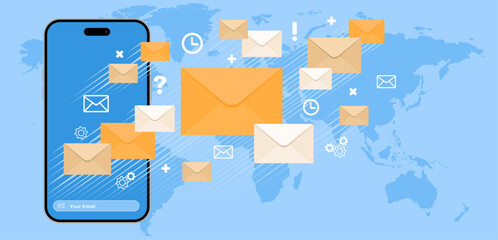 E-Mail Marketing and promotion illustration with smartphone and letters on blue background, world map. Vector mobile app.