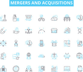 Mergers and acquisitions linear icons set. Consolidation, Integration, Synergy, Dilution, Takeover, Amalgamation, Buyout line vector and concept signs. Merger,Acquisition,Reorganization outline