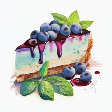 Piece Of Cheesecake With Blueberries And Mint Isolated On White. Classic Cheesecake Watercolor Illustration Isolated On White Background. Generative AI.