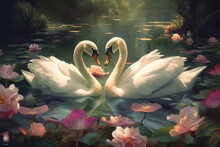 two white swans forming heart shape with heads touching on lake with pink lily flowers, made with generative ai
