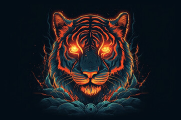 Illustration of a tiger head with orange glowing eyes in the dark