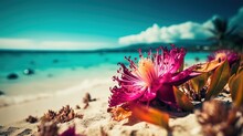 Summer Mood Background Wallpaper With Copy Space, Pink Flowers Bush On White Sand Beach With Sunlight, Generative Ai