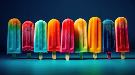 summer mood background wallpaper with copy space, ice lolly popsicles in row with blue background, Generative Ai