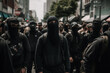 People protesting in the streets, antifa wearing black