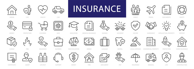 insurance thin line icons set. insurance editable stroke symbols collection. life, car, house, care,