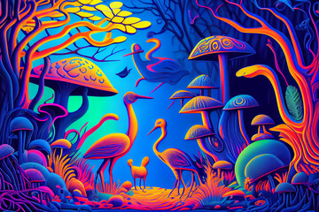 Wall Mural - DMT visual imagery, mystical fantasy forest landscape, concept of psychedelics, shamanism and hallucinogens