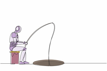 Poster - Single continuous line drawing robot holding fishing rod from hole. Fishing with rod. Robotic artificial intelligence technology. Electronic technology. One line graphic design vector illustration