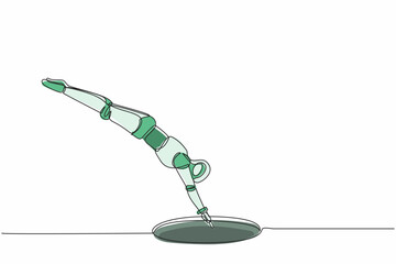 Poster - Single one line drawing robot jump into hole. Future technology development. Artificial intelligence and machine learning processes. Modern continuous line draw design graphic vector illustration