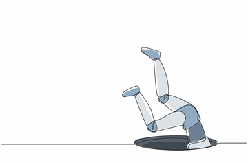 Poster - Single one line drawing robot falling into pit hole. Protruding legs from the hatch. Future technology. Artificial intelligence and machine learning. Continuous line draw design vector illustration