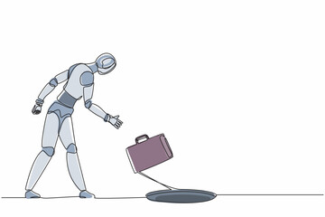 Poster - Single one line drawing robot throws briefcase into hole. Future technology development. Artificial intelligence and machine learning processes. Continuous line draw design graphic vector illustration