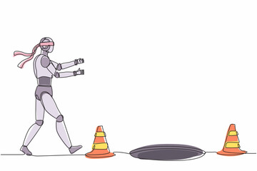 Poster - continuous one line drawing robot runs to business trap. blind investment. humanoid robot cybernetic