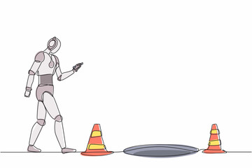 Poster - Single continuous line drawing robot walking listening music and seeing smartphone. Robotic artificial intelligence technology. Electronic technology. One line draw graphic design vector illustration