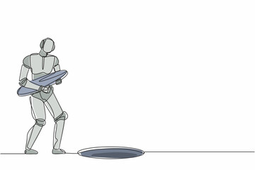 Poster - Single one line drawing robot holding iron hole cover. Future technology development. Artificial intelligence and machine learning processes. Continuous line draw design graphic vector illustration