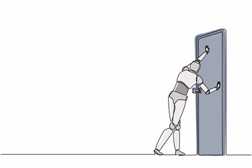 Poster - Single one line drawing robot standing and pushing closed door. Future technology development. Artificial intelligence and machine learning process. Continuous line design graphic vector illustration