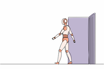 Poster - Single continuous line drawing robots walking out and leaving office door. Robotics artificial intelligence technology. Electronic technology industry. One line draw graphic design vector illustration