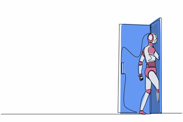 Poster - Single continuous line drawing robots walking enters the room through the door. Modern robotics artificial intelligence technology. Electronic technology industry. One line draw graphic design vector