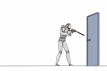 Poster - Single one line drawing robot pointing shotgun at doorknob. Future technology development. Artificial intelligence and machine learning process. Continuous line draw design graphic vector illustration
