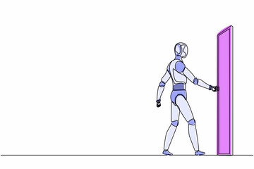 Poster - Single continuous line drawing robots holding door knob and enter work space. Modern robotics artificial intelligence technology. Electronic technology industry. One line draw graphic design vector